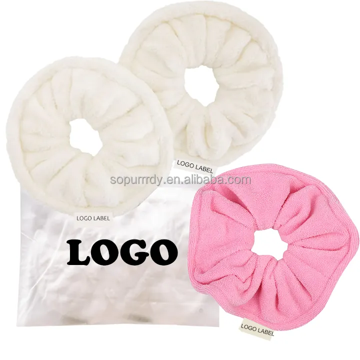 Custom Logo Label Eco-Friendly Spa Bamboo Terry White Fluffy Towel Scrunchies Cleansing Bands