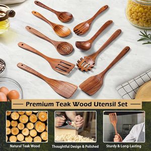 Ensemble de 9 ustensiles de cuisine en bois de teck naturel, finition miroir, manches longs, antiadhésifs, comprenant une cuillère à soupe et une spatule, idéal pour les réceptions - Product Image 6