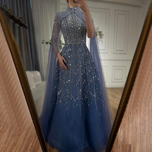 Abito da sera Serene Hill LA72728 a collo alto con perline, linea ad A, con mantello in tulle, elegante, blu polvere, stile arabo, per feste formali da donna - Product Image 2
