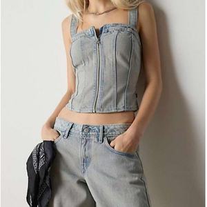 Conjunto de Top Corset de Mezclilla Lavada y Jeans de Pierna Recta para Mujer, Corte Ajustado de Verano con Decoración de Cremallera - Product Image 2