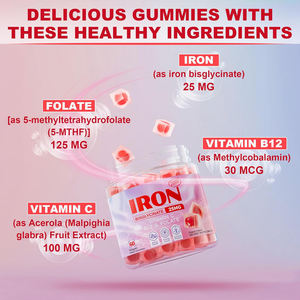 Vegan Iron Bisglycinate Gummies dengan Vitamin C & <span class=keywords><strong>B12</strong></span> suplemen dukungan energi Folate untuk wanita & Pria kekurangan besi - Product Image 5