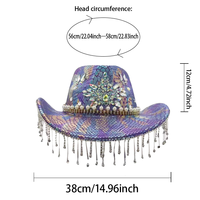 Chapeau de cowboy imprimé serpent violet en gros avec fleurs, cristaux, strass et franges de perles pour enterrement de vie de jeune fille, rave, festival, fête pour femmes