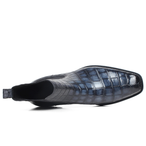 Botas Chelsea de <span class=keywords><strong>Hombre</strong></span> con Punta Cuadrada, Estilo Italiano, de Piel Genuina Pintada a Mano con Pátina <span class=keywords><strong>Azul</strong></span> <span class=keywords><strong>Marino</strong></span>, Suela de Cuero, Estilo Cocodrilo de Lujo - Product Image 4