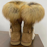 Bottes d'hiver unisexes en cuir véritable et fourrure de renard avec doublure en cuir véritable, semelle intérieure en EVA, imperméables