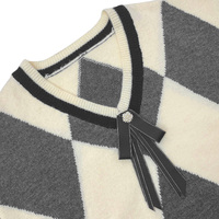 Pull en tricot pour femme, col en V, motif Argyle noir et blanc, jacquard, avec nœud et perles décoratives, épaules tombantes, manches longues, coupe ample