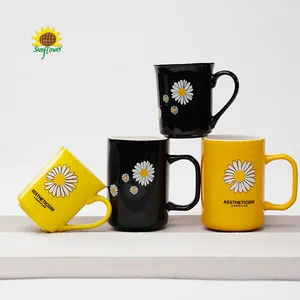 Caneca de cerâmica com estampa de margarida em relevo, tamanho personalizado, conjuntos de copos de leite para casa, amarelo e preto