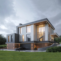 Villa de luxe préfabriquée moderne à 2 étages avec bardage en bois, mur-rideau en verre, éclairage LED, toit plat, structure en acier, mobile