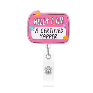 Sangle en acrylique à paillettes avec motif de fleur ronde et d'oie chantante. Badge rétractable amusant en anglais. - Product Image 5