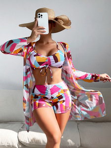 Ensemble de maillot de bain 3 pièces pour femme 2025, bikini taille haute, short de bain, logo frontal, imprimé classique sexy, vêtements de plage, service OEM - Product Image 2