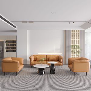 Conjunto de Sofá de Cuero Minimalista Moderno Color Naranja de Tres Plazas con Sillones para Sala de Estar, Oficina, Hotel - Product Image 2