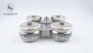 Boîte décorative à 4 compartiments en argent 925 avec couvercles en pierres précieuses, artisanat en argent, cadeau pour la décoration de la maison, fruits secs et usage religieux - Product Image 2