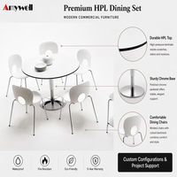 Table Ronde Commerciale avec Plateau en Stratifié Compact HPL Résine Phénolique et Base Métallique à Quatre Pieds pour Restaurant et Café