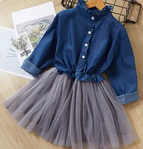 Cy12437a отложной воротник модные платье из джинсовой ткани для девочек, Повседневная хлопковая детская одежда; Джинсовые летнее платье платья для девочек