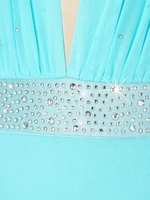 Combinaison de danse pour filles en maille transparente, style lyrique, avec garniture en strass, décolleté en V profond, dos croisé, jambes larges, tenue de scène
