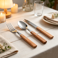 Ensemble de couverts de luxe en acier inoxydable 18/0 avec manche en bois de hêtre, finition poli miroir, couteau à steak et fourchette, style européen, pour restaurant et fête