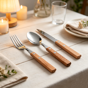Ensemble de couverts en acier inoxydable 18/0 poli miroir avec manche en bois de hêtre, style européen, couteau à steak et <span class=keywords><strong>fourchette</strong></span> pour restaurant - Product Image 2