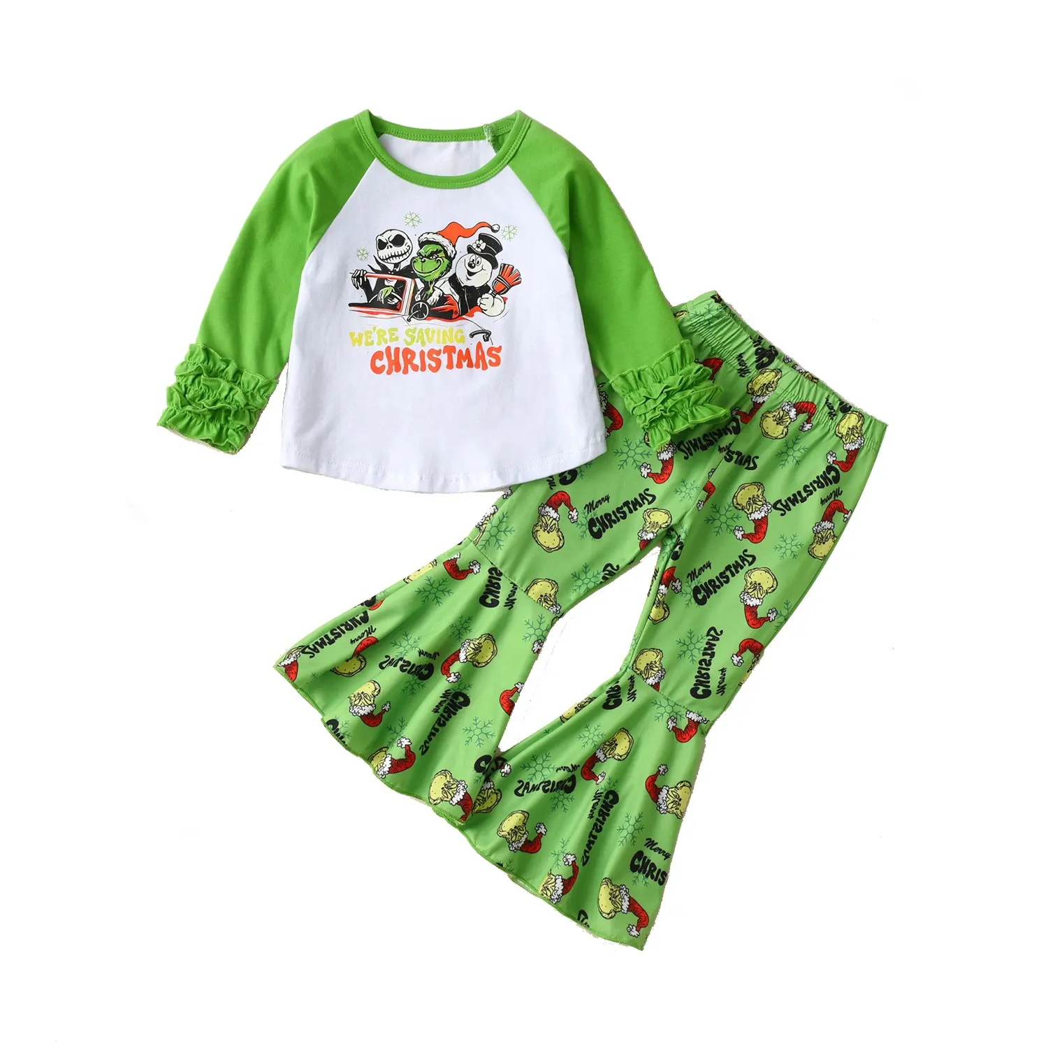 عيد الميلاد طفلة طويلة كشكش كم أعلى الأخضر جرس لباس مجموعات فتاة صغيرة الأخضر سانتا الملابس ملابس