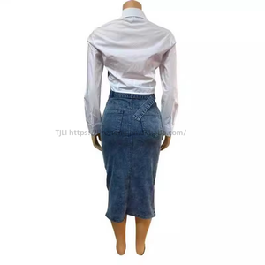 <b>Patchwork</b> <b>Shirt</b> Slit Skirt Women's Casual Denim 2-piece Set Fashion - Product Image 4