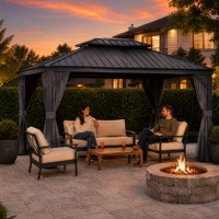 Gazebo en aluminium à toit rigide, double toit, imperméable, pavillon extérieur avec rideaux et moustiquaire pour jardin, patio, cour arrière, cour