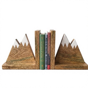 Wooden Mountain <b>Bookends</b> Set Of 2 Rustic Handcrafted Triangle Shape With Snow Cap Design For Bookshelf Decor - Product Image 1