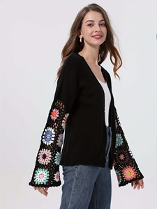 <span class=keywords><strong>Pull</strong></span> cardigan à fleurs à <span class=keywords><strong>manches</strong></span> <span class=keywords><strong>évasées</strong></span> pour dames Style décontracté tricot motif jacquard tricots - Product Image 4