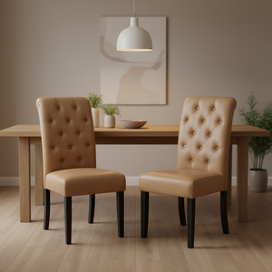 Juego de 2 Sillas de Comedor DB Leviton Tapizadas en Cuero Color Bronceado con Patas de Madera Maciza, Estilo Tradicional, Muebles para el Hogar - Product Image 2