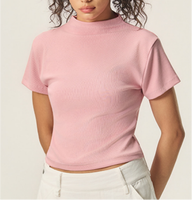 T-shirt côtelé à col montant pour femme, haut court ajusté à manches courtes, tee-shirt décontracté doux et extensible pour le quotidien
