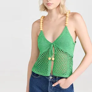 Knitwear Manufacturer Custom Summer Green V Neck Sleeveless Women Beach Knit Pullover Sweater
