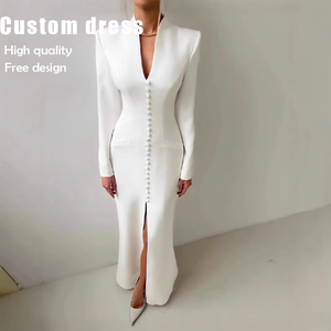 <span class=keywords><strong>ชุด</strong></span>เดรส<span class=keywords><strong>ยาว</strong></span>สีขาวสไตล์ยุโรปอเมริกัน <span class=keywords><strong>แขน</strong></span><span class=keywords><strong>ยาว</strong></span> เอวสูง แต่งแผ่นรองไหล่ กระดุมแถวเดียว คอวี แต่งลาย สำหรับงานกลางคืน - Product Image 1