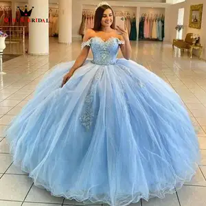 בציר כחול Quinceanera שמלות מתוקה Applique אגלי כדור שמלה כבויה כתף מתוק 15 16 שמלות