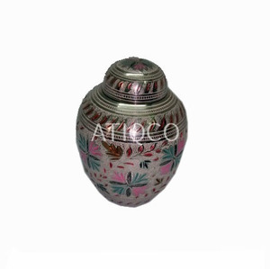 Hand Engraved Solid Brass Cremation Metal <b>Jar</b> Latest Attractive Green Flower Printed Highest Quality Funeral Supplies - Product Image 4