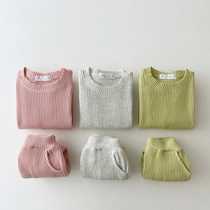 Ensemble 2 pièces printemps-automne pour nouveau-nés filles : haut en coton gaufré côtelé à manches longues personnalisé + pantalon pour enfants garçons - Product Image 1