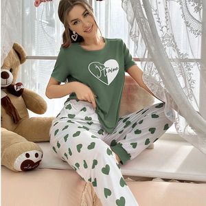 Set Casual Estivo da Donna per il Relax, <span class=keywords><strong>Camicia</strong></span> da <span class=keywords><strong>Notte</strong></span> con Stampa a Cuori e Colori Contrastanti per San Valentino - Product Image 1