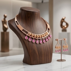 925 <b>Silver</b> Italian Rose Gold Pink Stone <b>Choker</b> Necklace Set Designer Fashion Jewelry for Women and Girls - Product Image 2