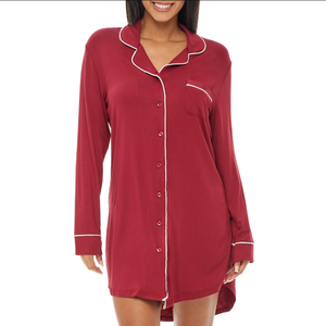 Chemise de nuit longue en bambou de couleur unie avec col rabattu et passepoil - Product Image 1