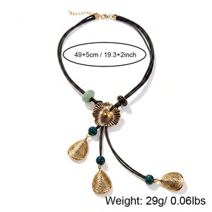 Bohemian Leather Cord Necklace Gold Ginkgo Leaf Hollow Cone Pendant Teal Bead Adjustable Women Beach Vacation Neck Jewelry - Product Image 2