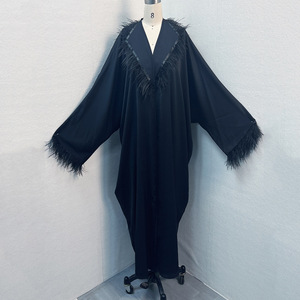 Dubai American <strong>UK</strong> O Man New Arrival <strong>Black</strong> Color Fabric Loose Size Feather Decoration Neck Cuff New Arrival Women <strong>Abaya</strong> - Product Image 2