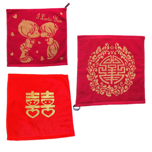 ผ้าเช็ดหน้าสี่เหลี่ยมสีแดง 35x35 ซม. ของชำร่วยงานแต่งงานลายดับเบิ้ลแฮปปี้เนส ผ้าขนหนูฝ้ายแท้ ของขวัญสำหรับงานแต่งงาน - Product Image 4
