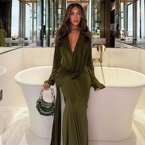 Vestido Elegante y Sexy con Cuello en V y Volantes, Vestido Lápiz Hasta el Suelo, Cintura Natural, Estampado Digital, Lavable - Product Image 5