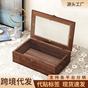 Caja de Almacenamiento de Joyas de Madera con Tapa de Vidrio, Diseño Moderno y Simple para Organizador de Escritorio, Patrón de Nogal, Tapa Abatible, Capacidad de 1-3L - Product Image 2