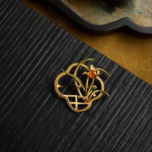 Broche de Ópalo de Fuego Vefiery Jewelry, Broche Floral de Cobre Esmaltado Chapado en Oro, Broche de Marco Hueco Estilo Chino para Mujer - Product Image 3