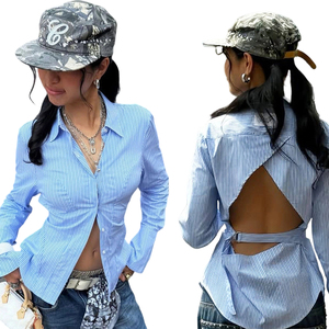 Chemise à manches longues pour femme, imprimée à rayures bleues, style streetwear tendance, cardigan boutonné dos nu - Product Image 1