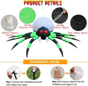 Grande araignée verte gonflable de 12 pieds pour Halloween, décoration extérieure, araignée géante gonflable avec lumières de flamme et yeux rouges lumineux - Product Image 3