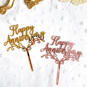 結婚記念日のお祝いハッピーアニバーサリーゴールドとピンクのアクリルケーキデコレーショントッパー