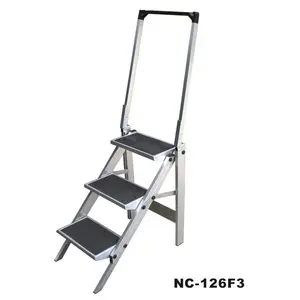 3 steps TUV certificate aluminum two wide step stool ladder with tool box and wheels NC-126F ladder