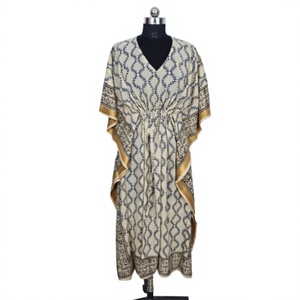Kaftan midi indien fait main, écologique, lavable, en coton naturel pur à 100%, coupe ajustée, col en V, manches courtes, à volants, motif floral à la taille - Product Image 1