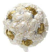Umweltfreundliche Seidenrosen-Blume mit Goldener Perle und Diamanten Braut-Hochzeitsband-Dekoration