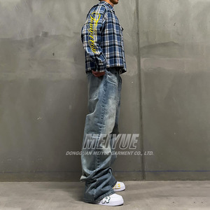 Boutons personnalisés à manches longues polos en flanelle à rayures bretonnes sérigraphie chemise personnalisée lavage à l'acide chemise en flanelle à carreaux - Product Image 3