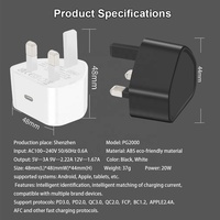Cargador Rápido HNT de 20W GaN para Reino Unido, Mini Enchufe de Pared USB-C PD con Protección OVP para iPad, iPhone, Certificado CE UKCA, PC+ABS