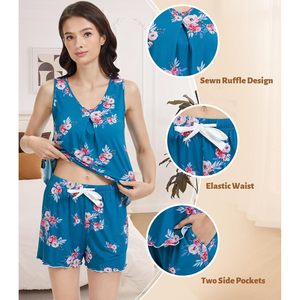 Pyjama pour femmes en viscose de bambou, haut sans manches avec short, ensemble doux 2 pièces, vêtements de nuit décontractés, pyjama court en modal - Product Image 3